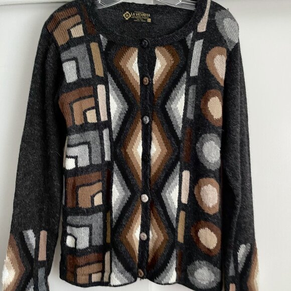 La Vicunita Peruvian Baby Alpaca Cardigan Sweater Size M Gray Multi Aztec Geo - Picture 5 of 15